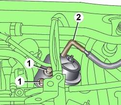 Расположение вакуумного шланга (2) и болтов (1) крепления вакуумной камеры системы круиз-контроля