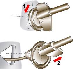 Направления поворота (1) и снятия (2) троса акселератора с перегородки моторного отсека