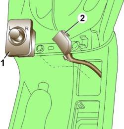 Электрический разъем (2) и переключатель (1) регулировки положения наружного зеркала заднего вида