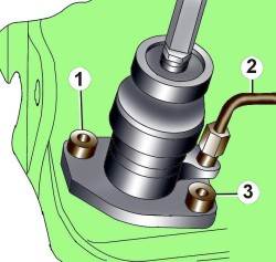 Расположение болтов (1, 3) крепления и подсоединение трубки (2) к главному цилиндру привода сцепления