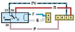 Схема соединений выключателя зажигания (при вставленном ключе)