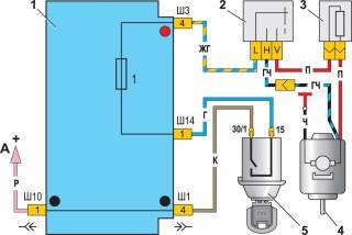 —39. Схема включения электродвигателя вентилятора отопителя